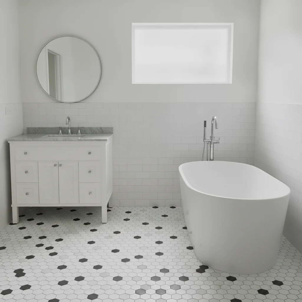 Same bathroom with floor changed to classic black and white hexagonal mosaic tile