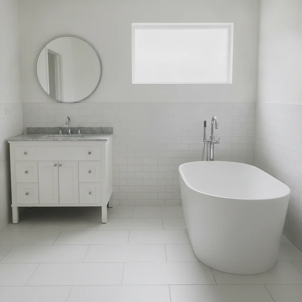 Bathroom with plain white large-format floor tile and freestanding tub
