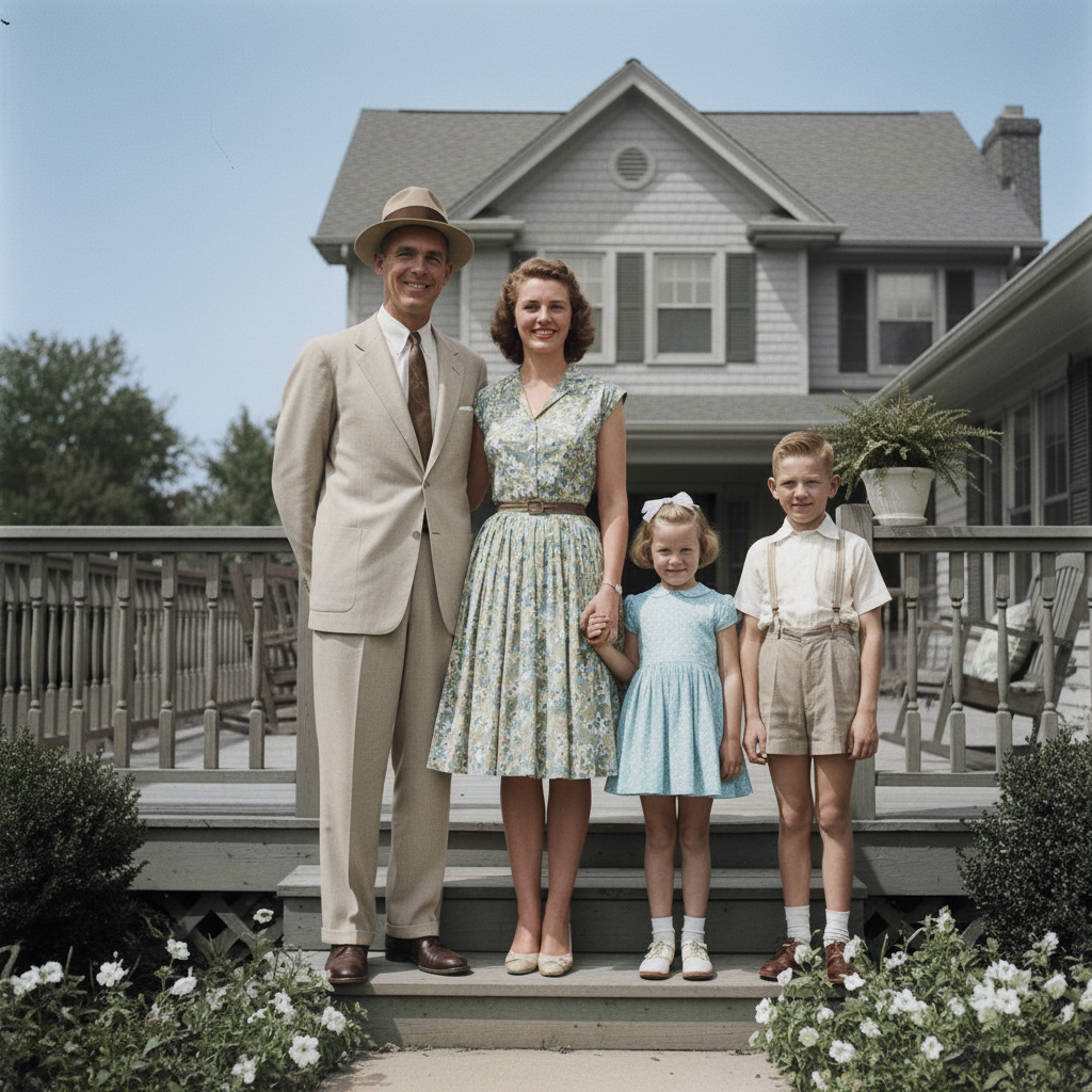 Colorized version with warm skin tones, blue sky, green garden