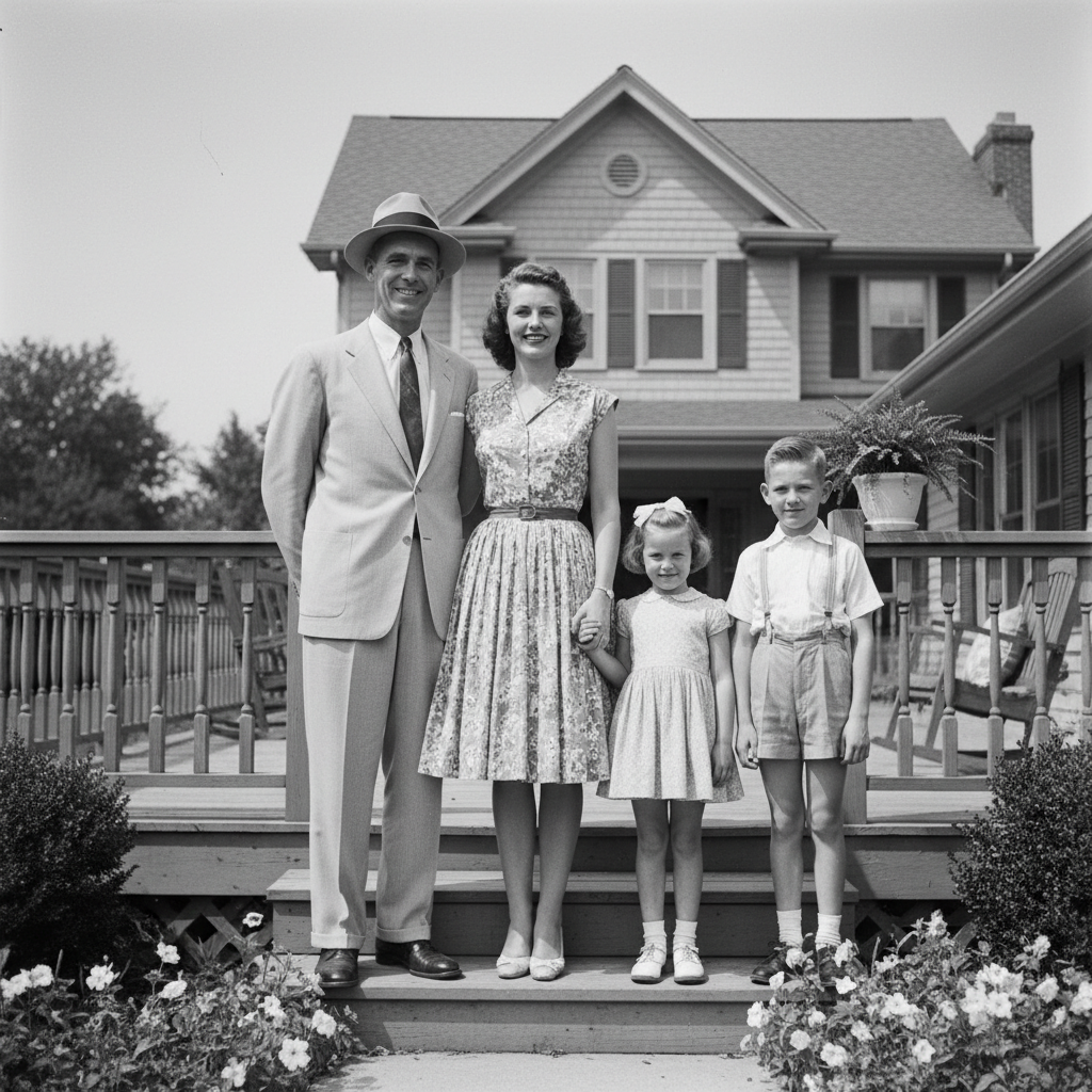 Black and white 1950s family portrait on front porch