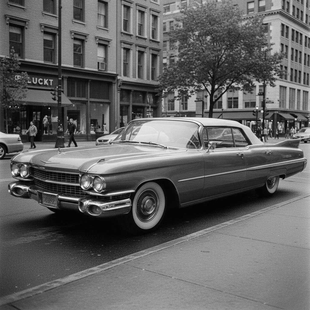 Black and white 1960s classic car on city street