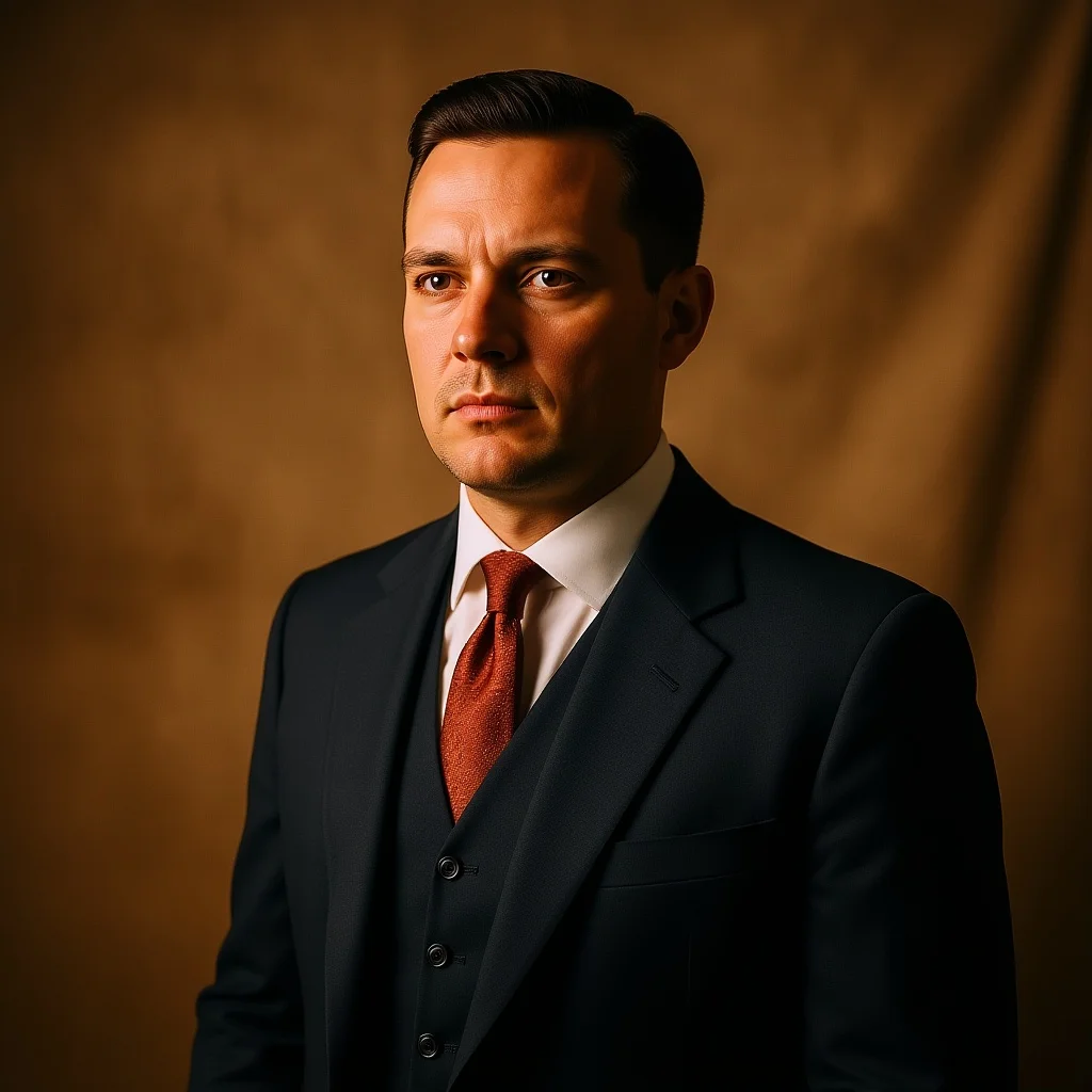 Colorized with warm skin tones, navy suit, white shirt, warm studio backdrop