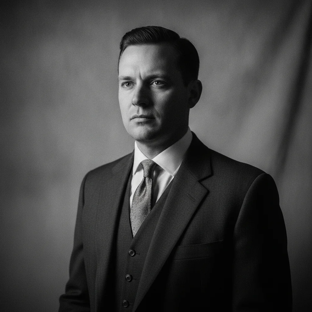 Black and white 1940s studio portrait with dramatic side lighting