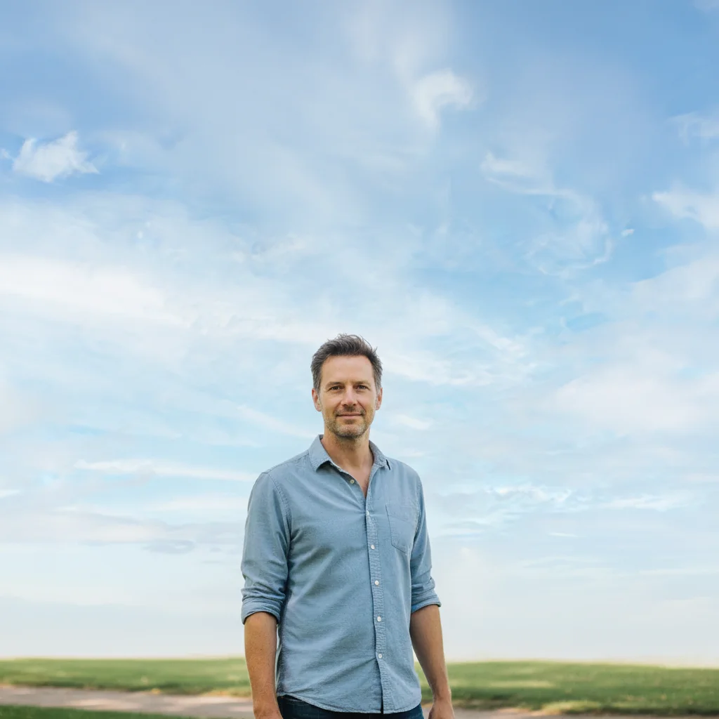 Same portrait with blue sky and scattered clouds recovered naturally