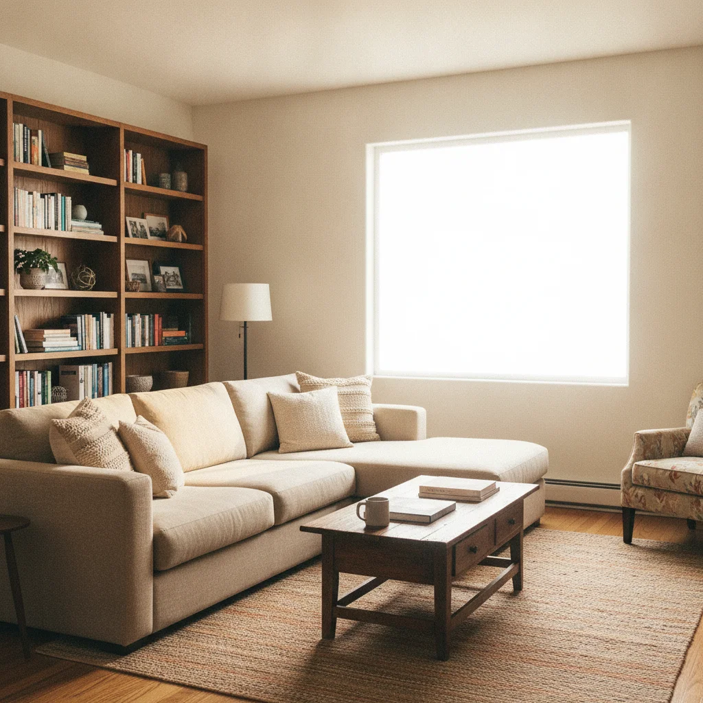 Living room with blown-out white window, no exterior visible