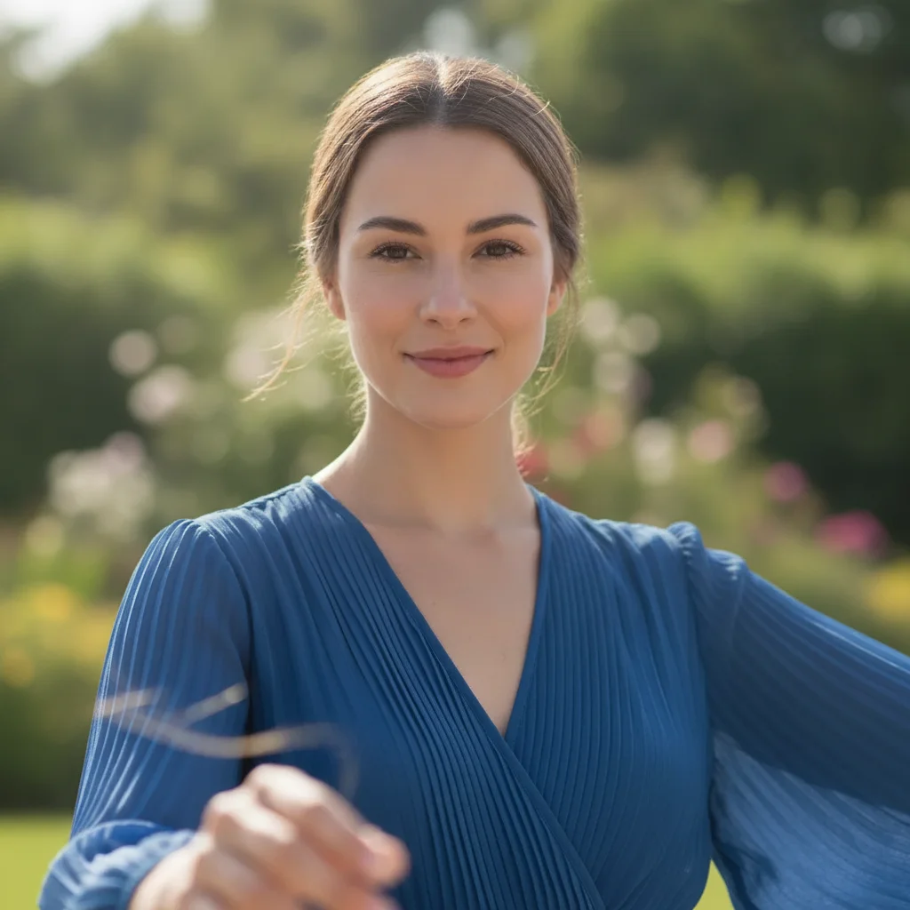 Same woman with natural green garden background recovered with soft bokeh