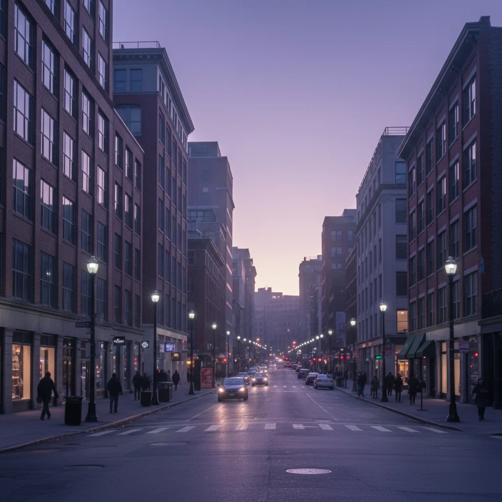 Street at dusk with purple sky