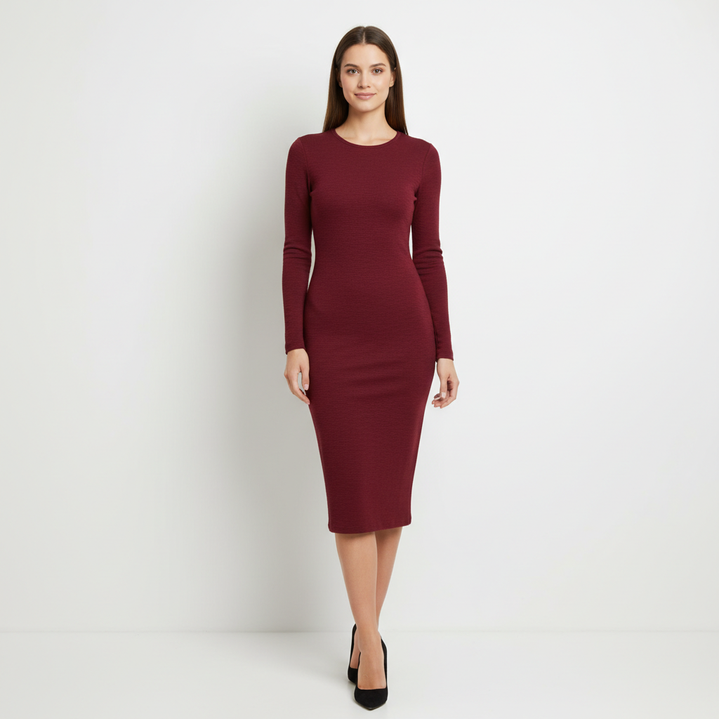 Woman in burgundy dress, natural body, standing against white wall