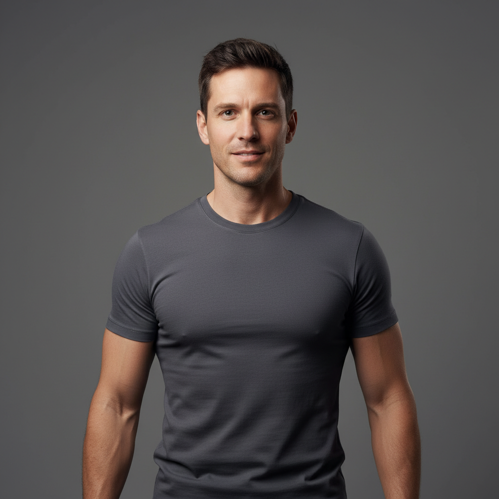 Man in grey t-shirt with natural physique