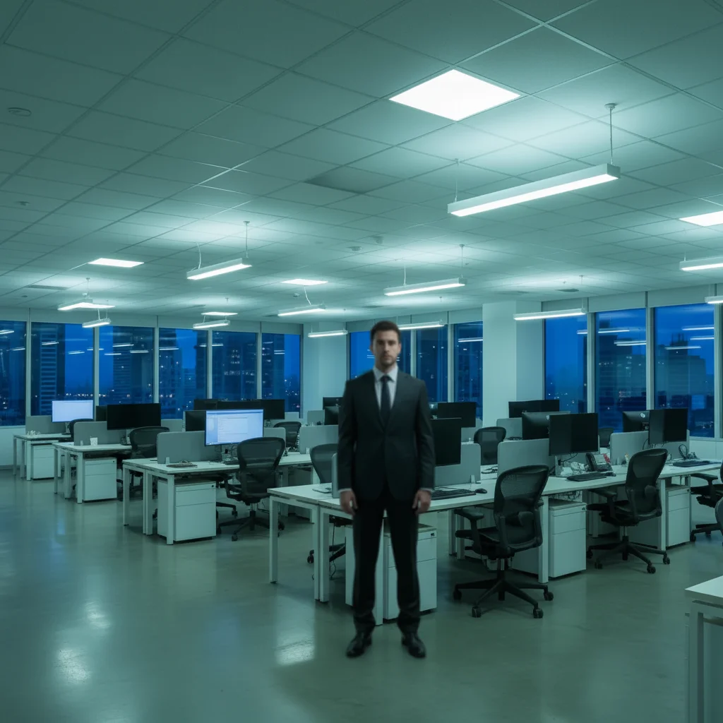 Office with AI-added mysterious figure in background