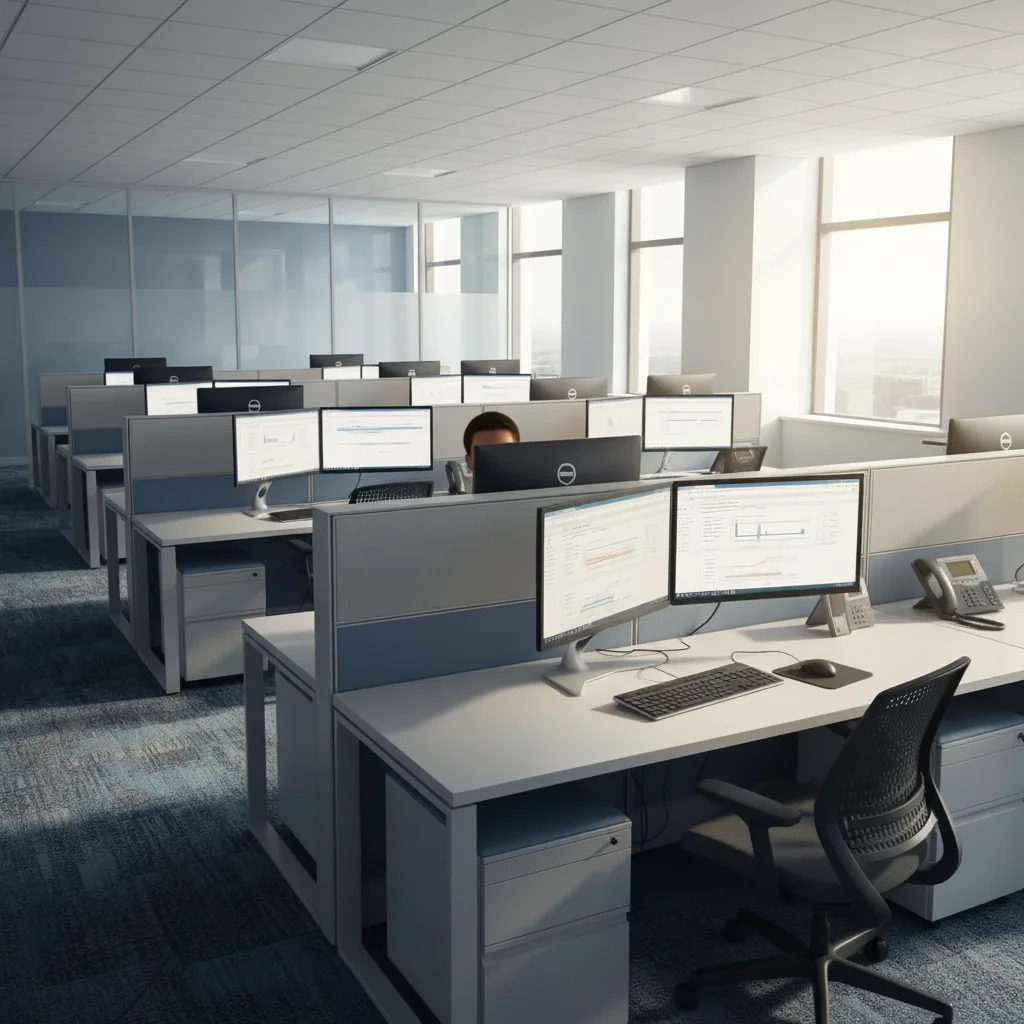 Cubicle area with AI-added face peeking over wall