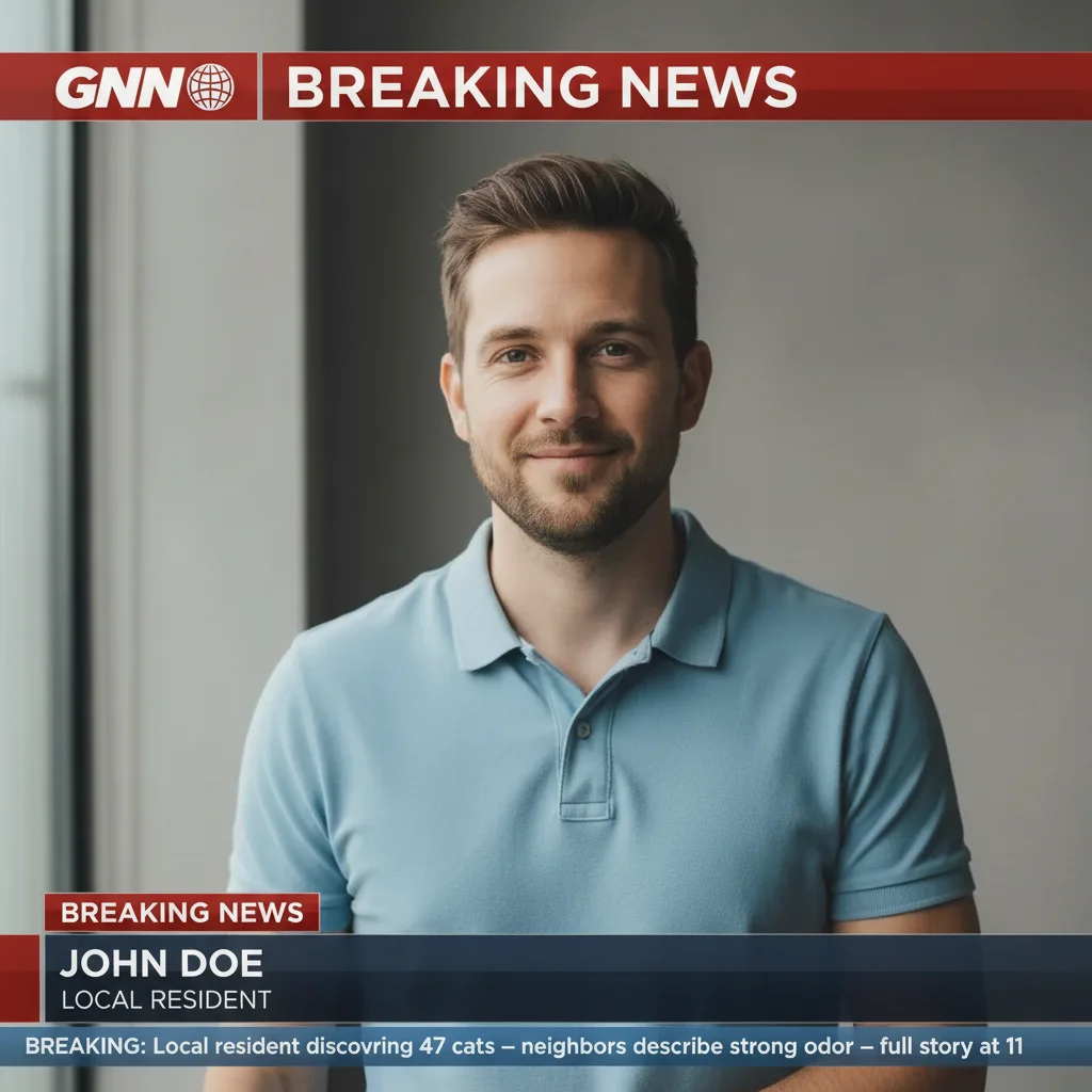 Same man's portrait transformed into a GNN breaking news broadcast with ticker and chyron