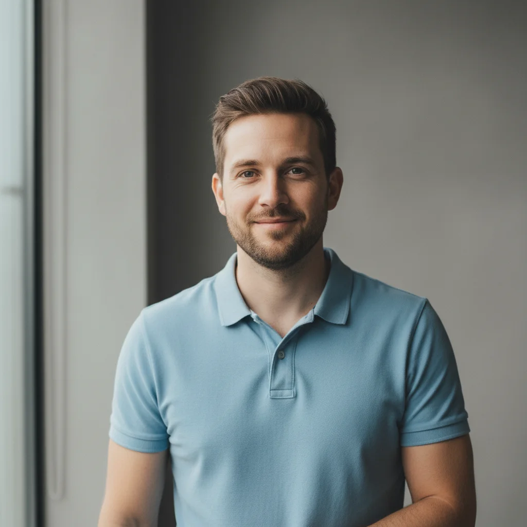 Plain portrait of a smiling man in a blue polo shirt