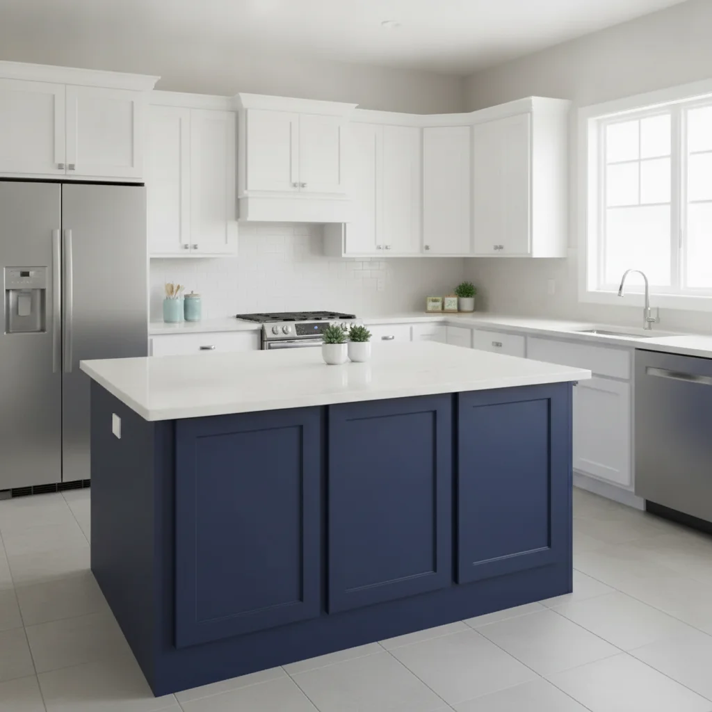 The same kitchen with the island repainted deep navy against the white wall cabinets