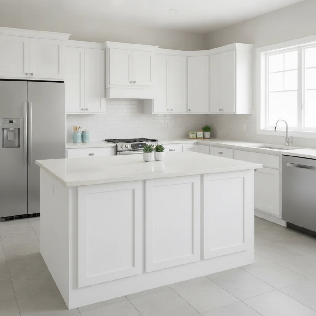Kitchen with white shaker cabinets and a matching white island