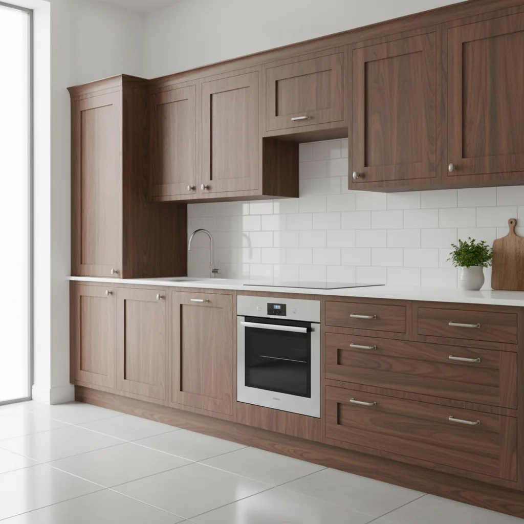 The same kitchen with every cabinet refinished in dark walnut with visible wood grain, handles and worktop unchanged
