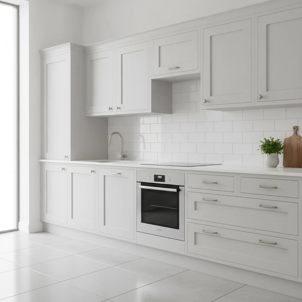 Kitchen with pale grey painted shaker cabinets above and below a white worktop