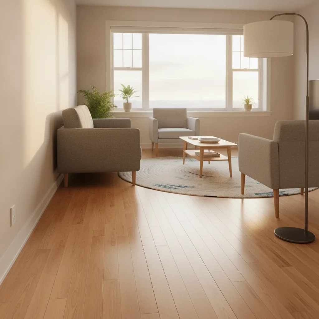 Same living room with cable removed and continuous hardwood floor texture