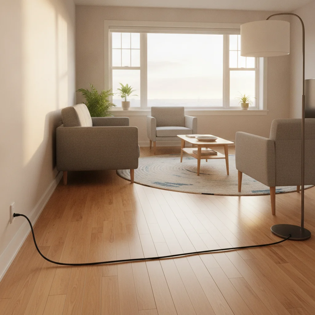 Living room with black charging cable running across the hardwood floor