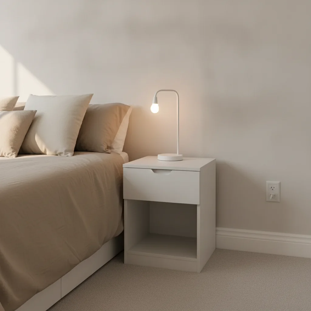 Same bedroom with cord removed and clean baseboard and floor