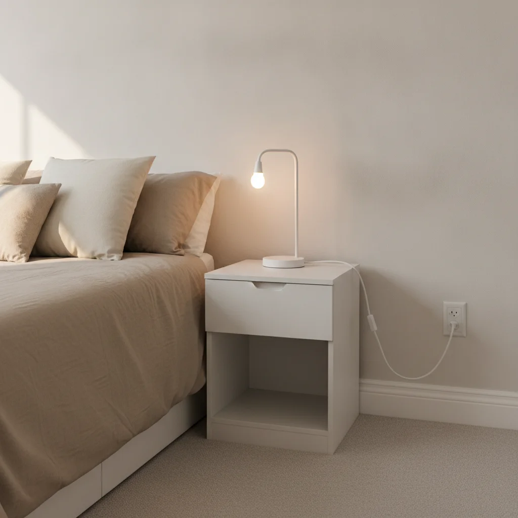 Bedroom with white lamp cord running along the right baseboard