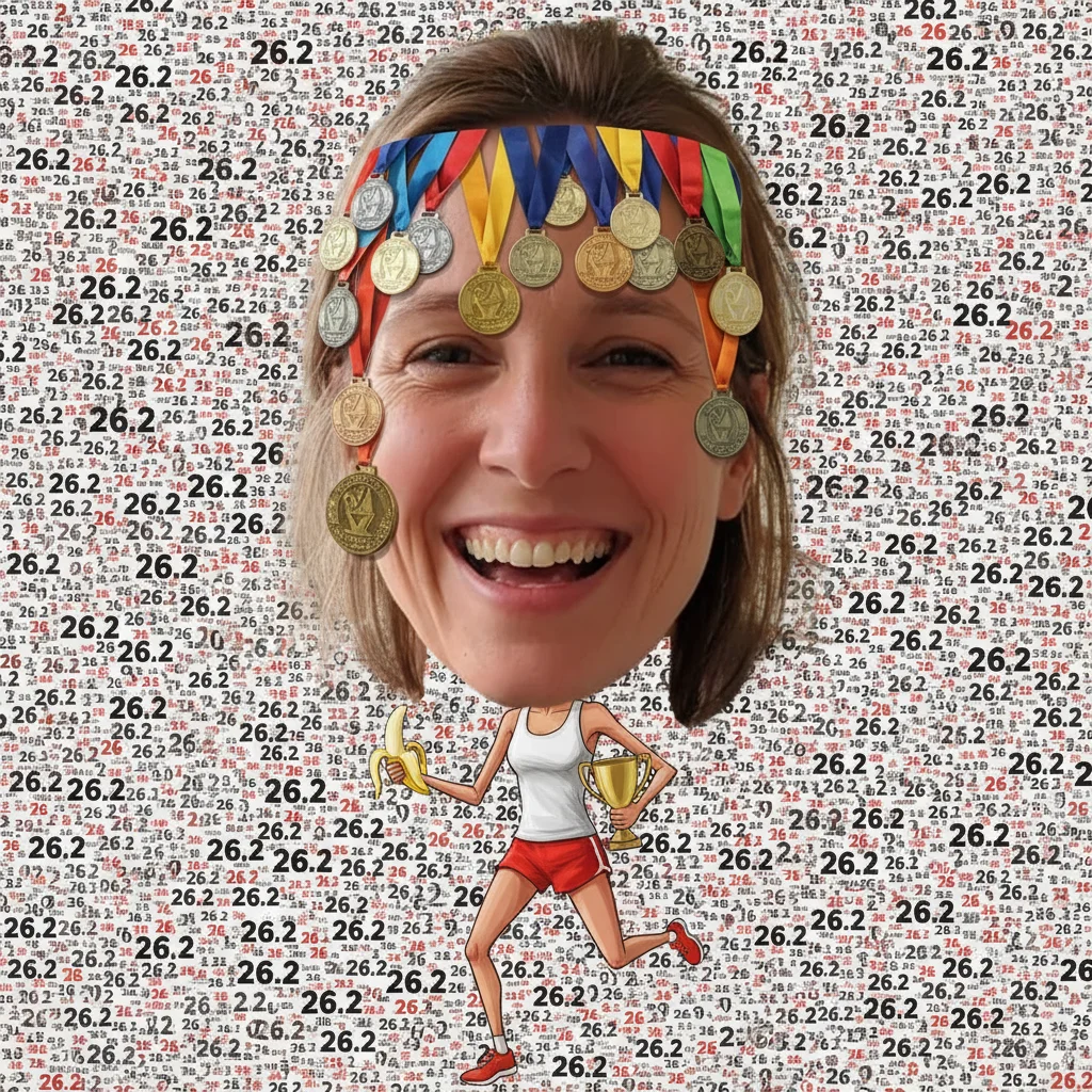 Exaggerated caricature with giant head covered in marathon medals and tiny body in running gear