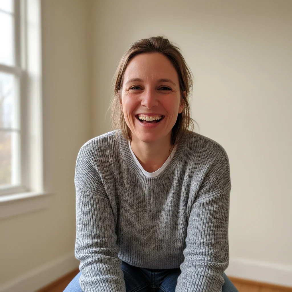 Normal portrait photo of a person smiling indoors