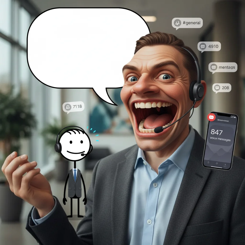 Caricature with enormous talking head and tiny body surrounded by notification badges