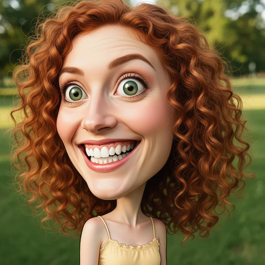 Same woman as a boardwalk caricature with huge head and tiny body