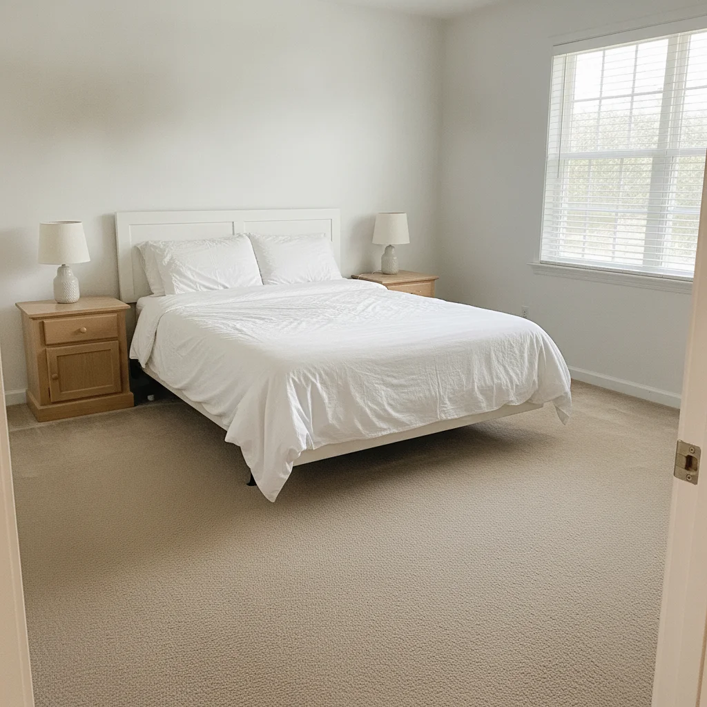 Same bedroom with carpet changed to warm neutral beige, furniture and walls preserved