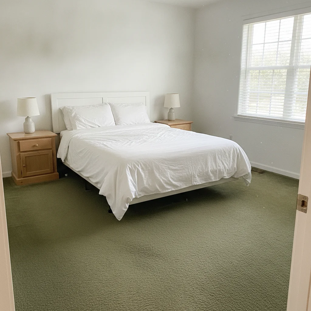 Bedroom with dated dark green wall-to-wall carpet and white walls