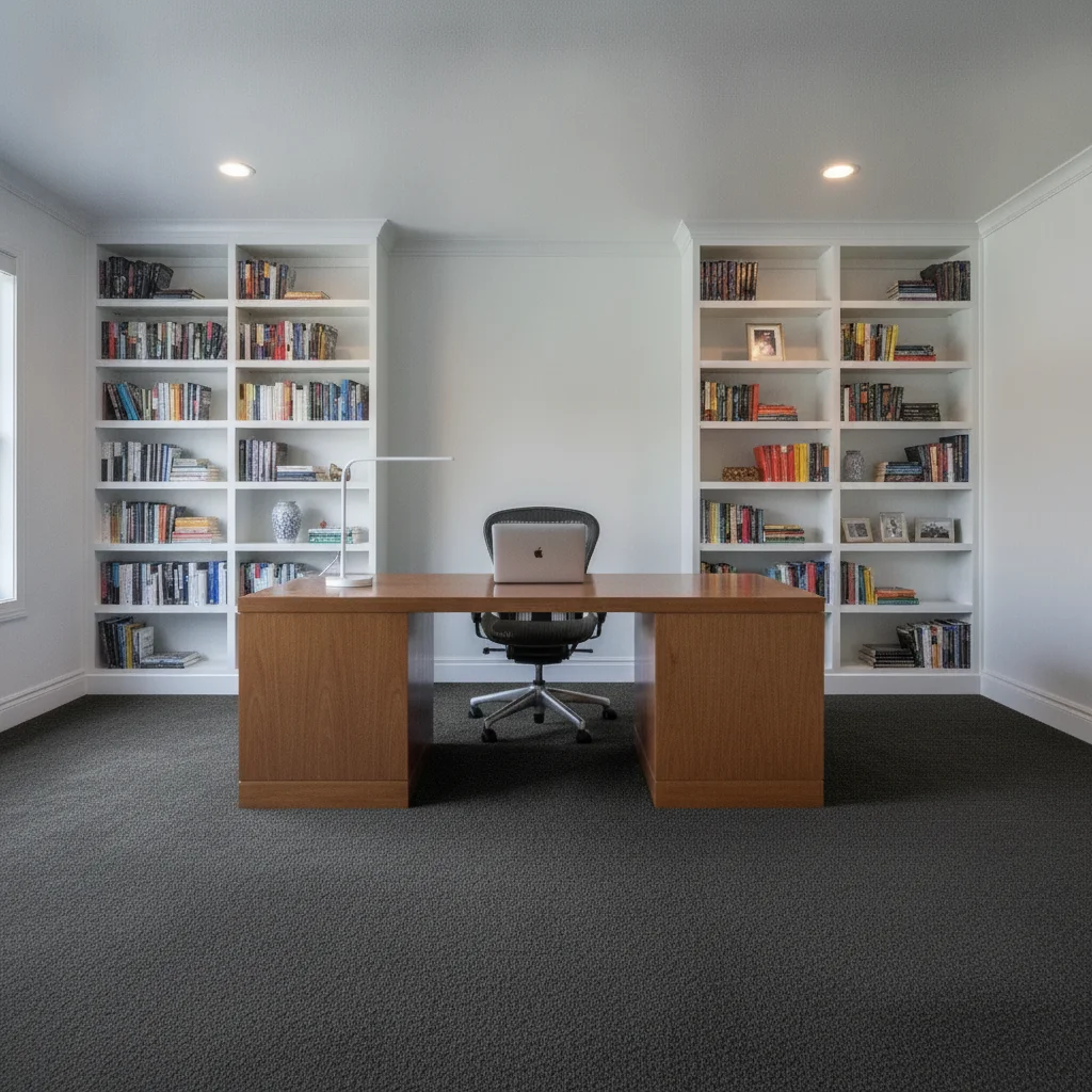 Same home office with carpet changed to dark charcoal grey low-pile
