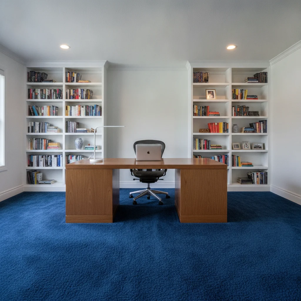 Home office with bright royal blue carpet and wooden desk