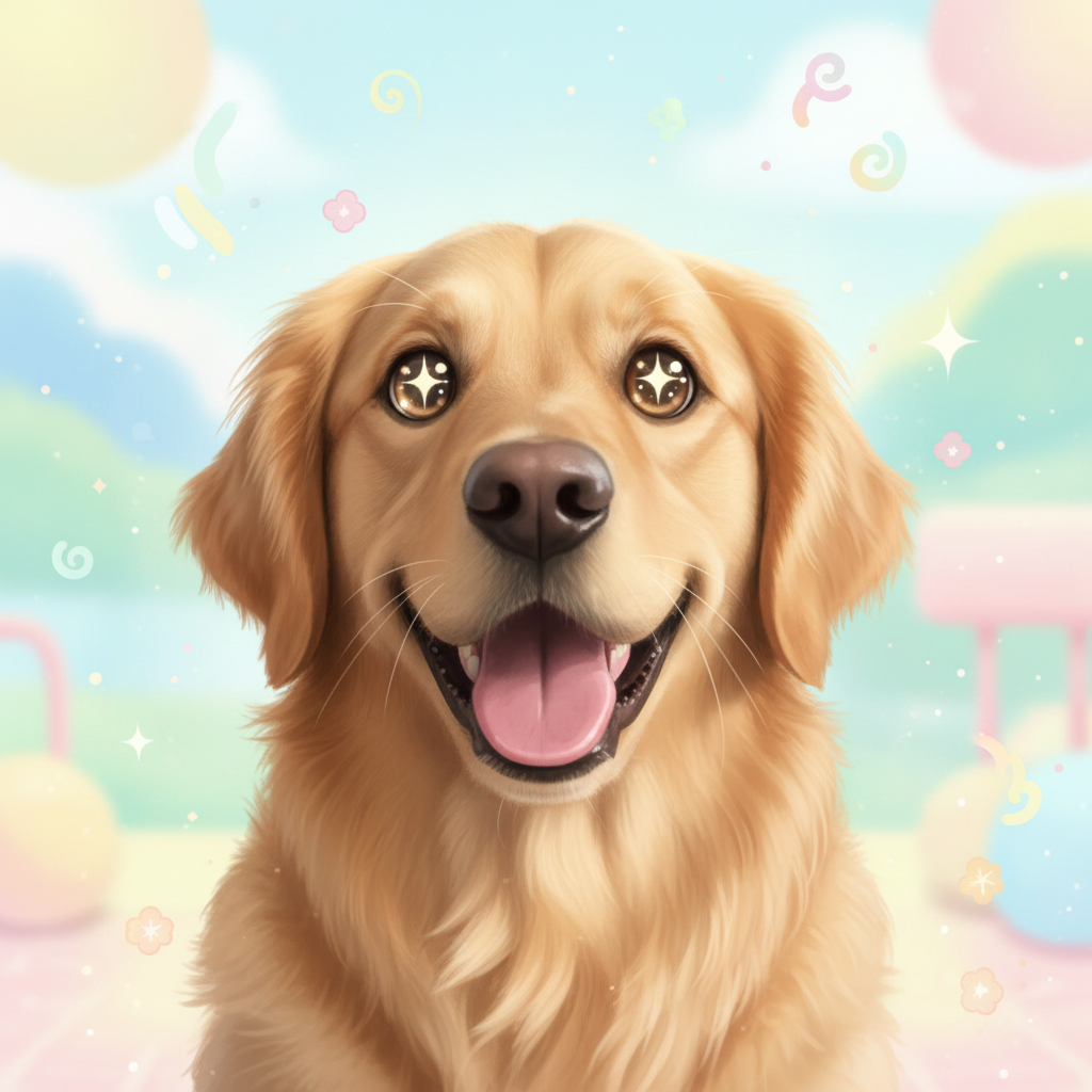 Same golden retriever as an adorable cartoon with big expressive eyes
