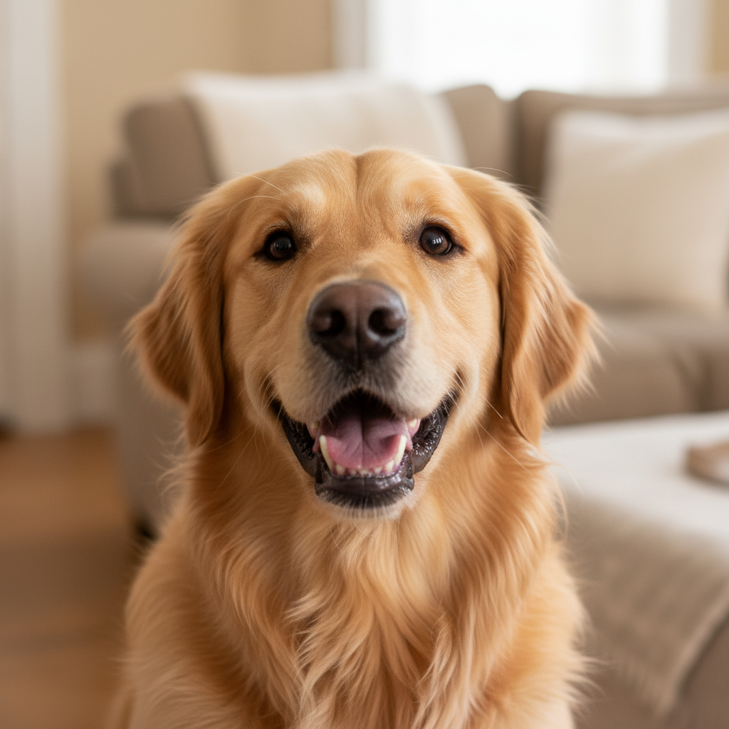 Golden retriever sitting on grass looking at camera