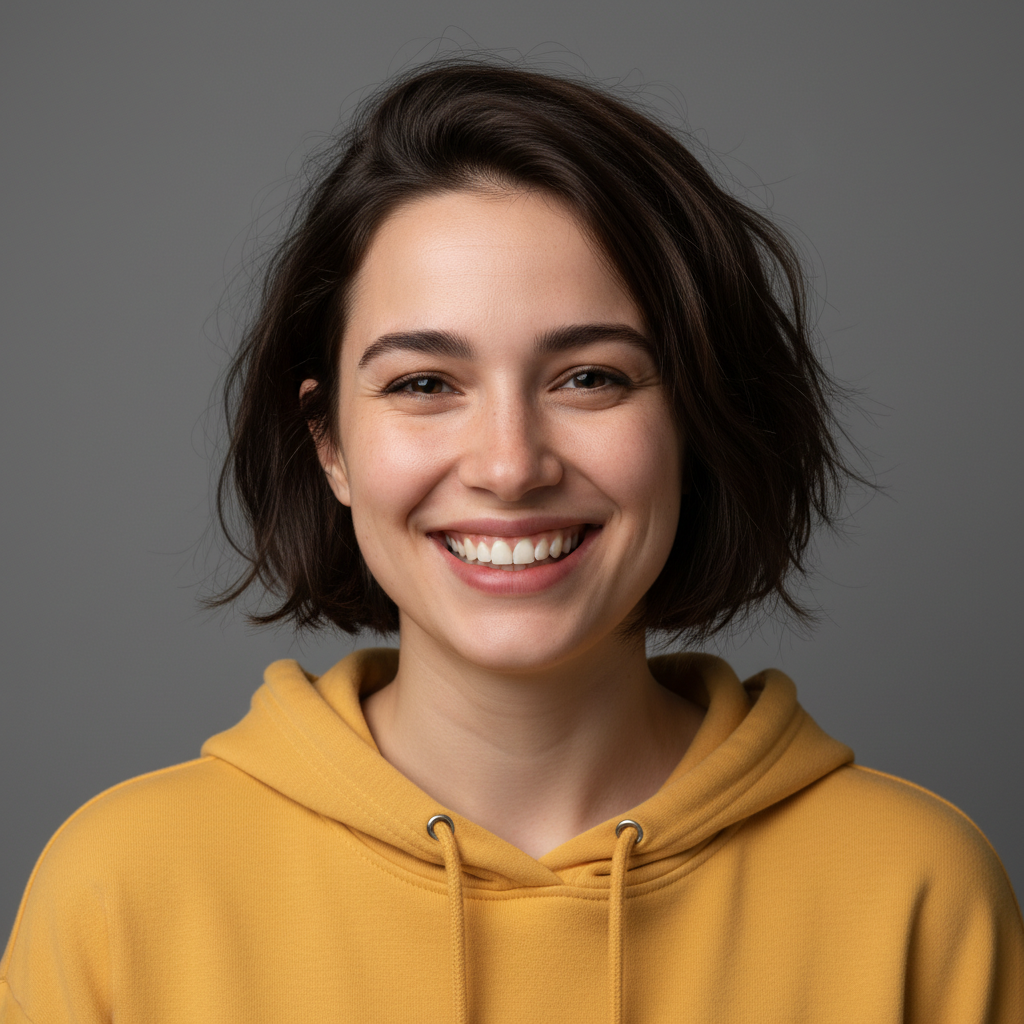 Portrait of a young woman with dark hair in yellow hoodie
