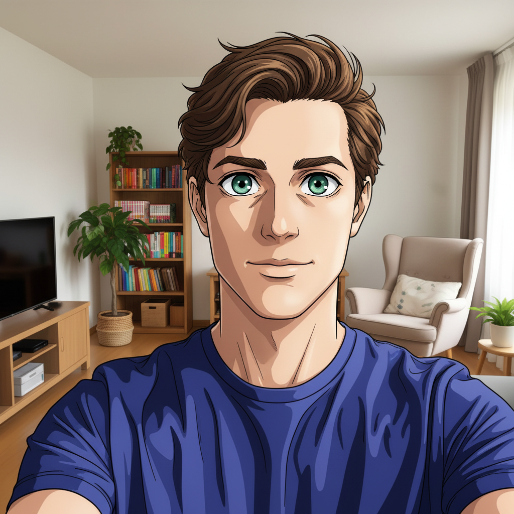 Same person as a vivid anime character with large expressive eyes and clean line art
