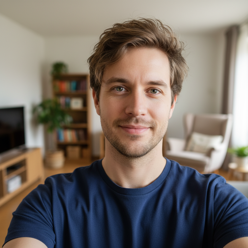 Casual phone selfie of a man in navy t-shirt