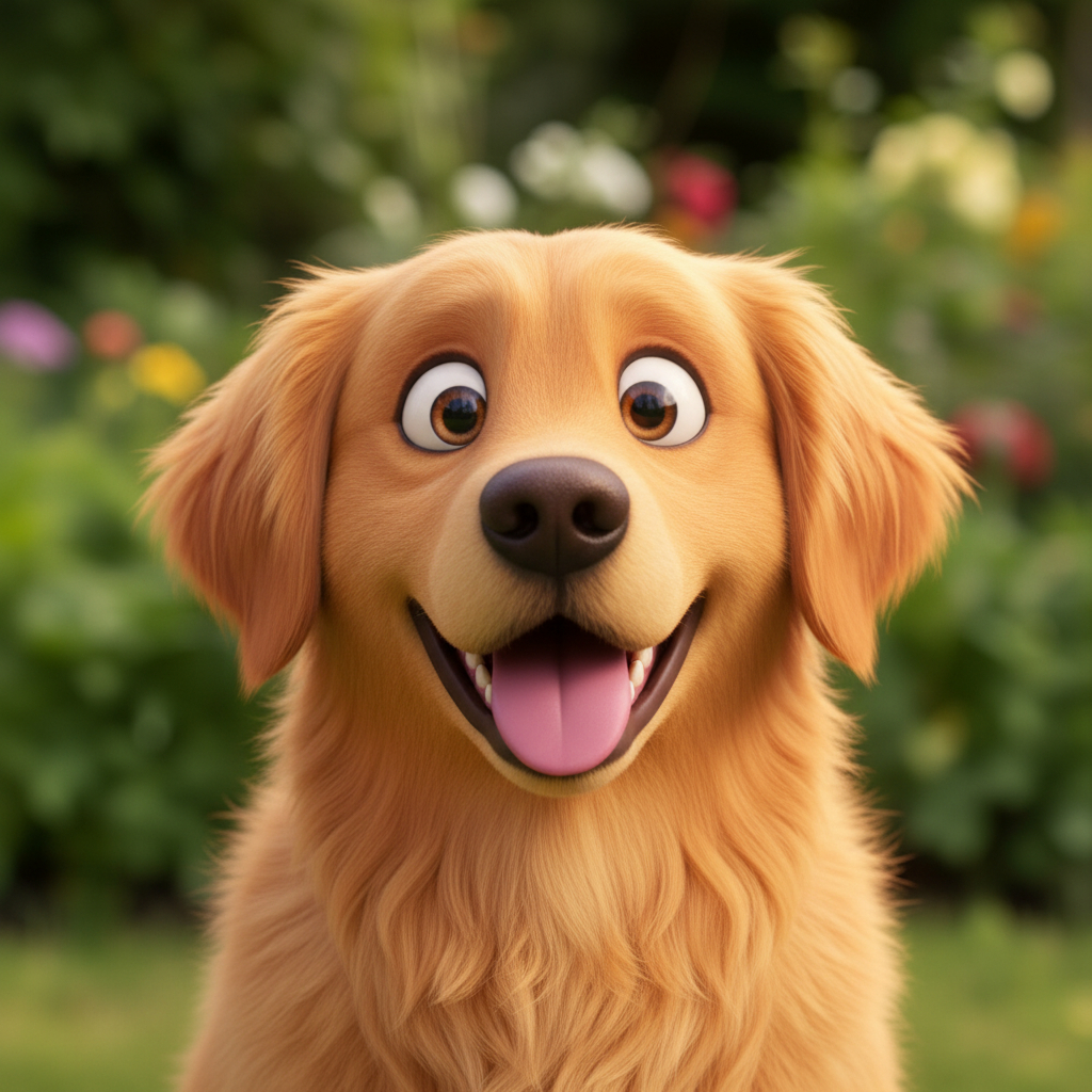 Golden retriever transformed into a vibrant Pixar-style 3D animated dog character