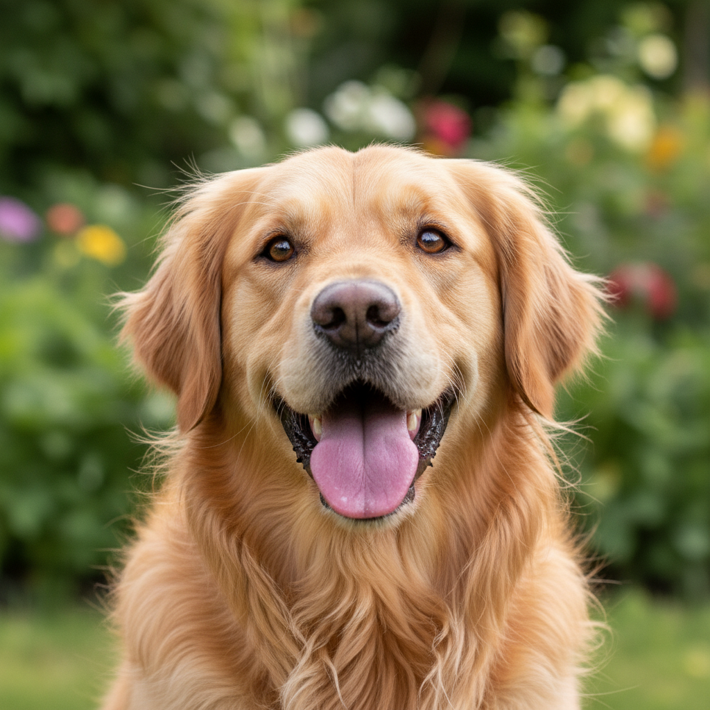 Happy golden retriever dog with tongue out outdoors
