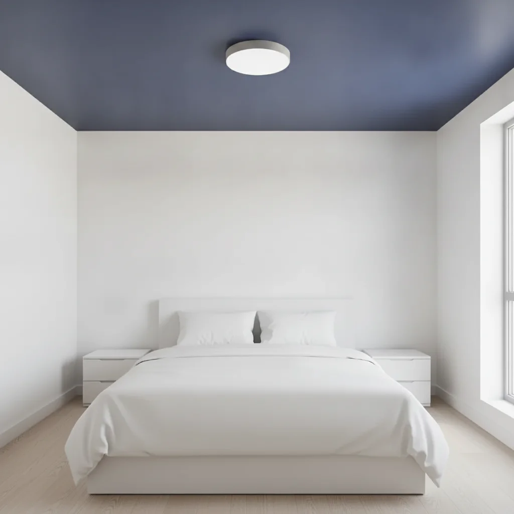 Same bedroom with ceiling changed to deep navy blue, walls remain white