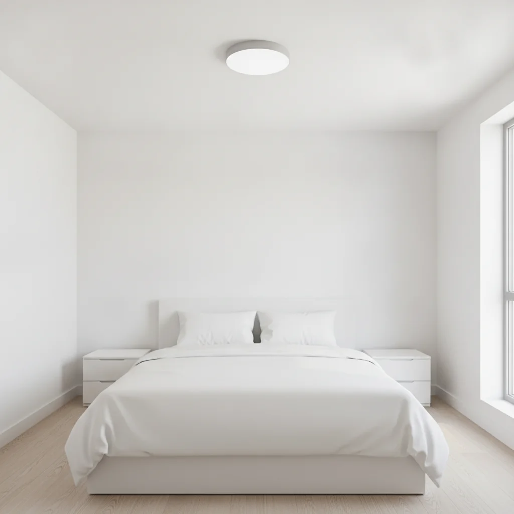 Bedroom with plain white ceiling, white walls, and white bedding
