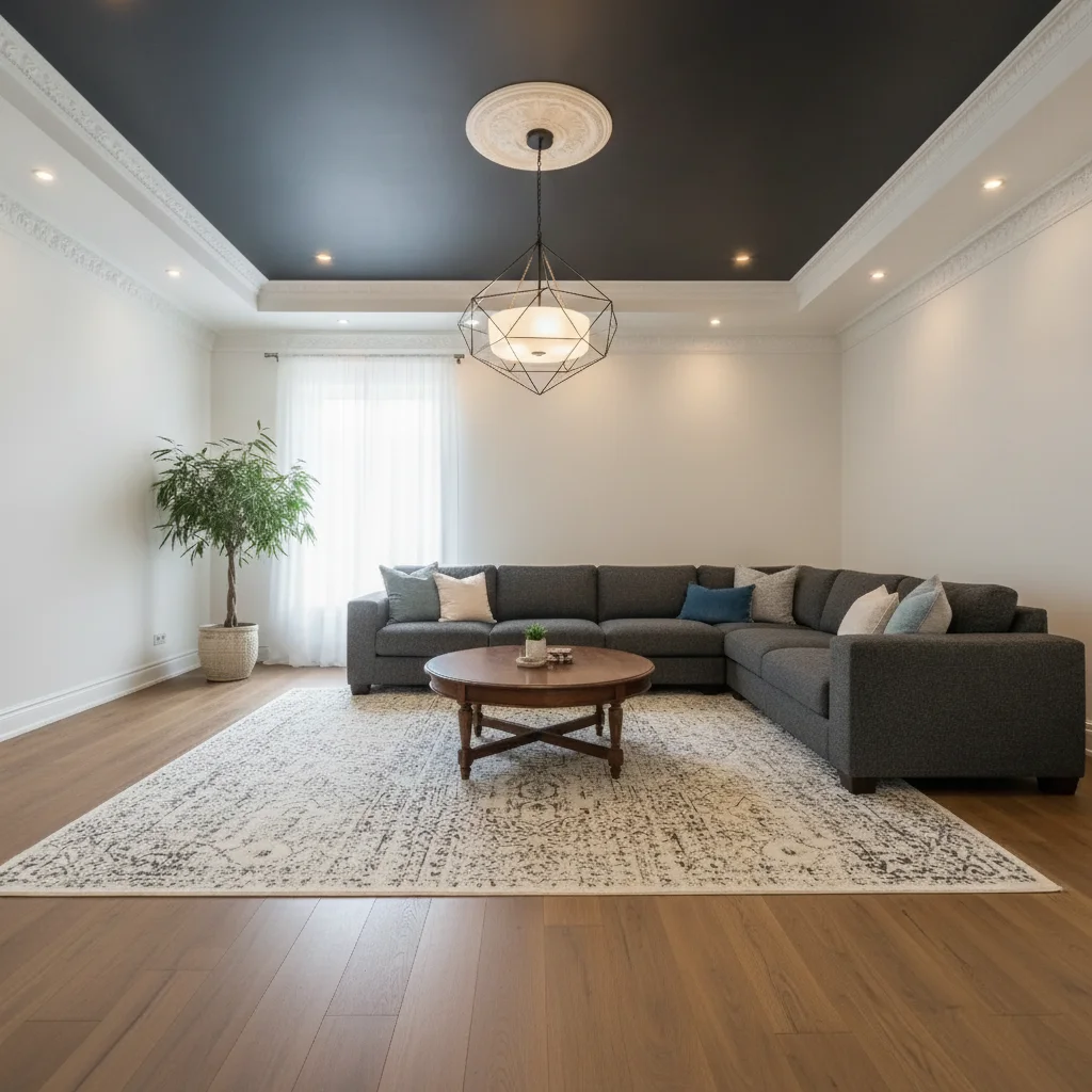 Same living room with ceiling changed to flat matte black, white crown molding preserved