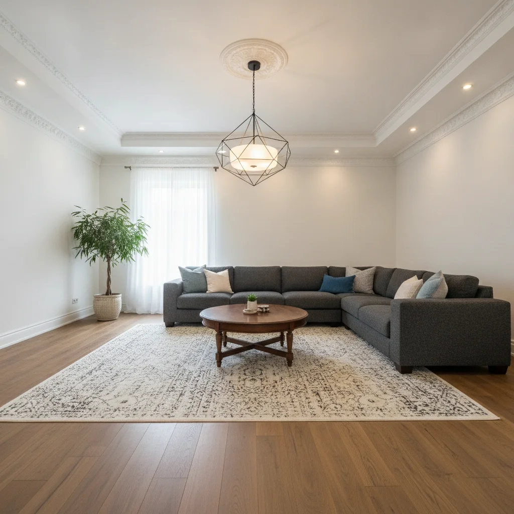 Living room with high white ceiling, crown molding, and grey sofa