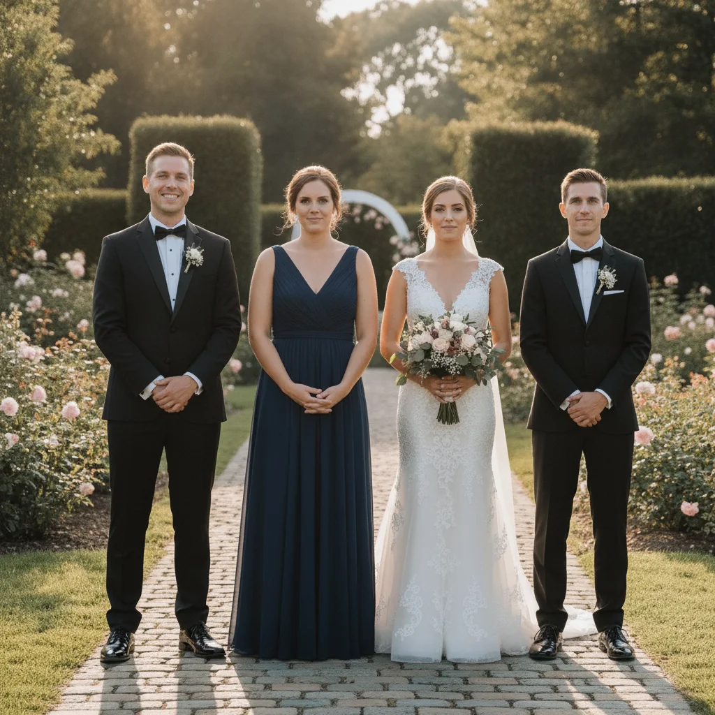 Same wedding photo with all four people's eyes naturally open, scene unchanged