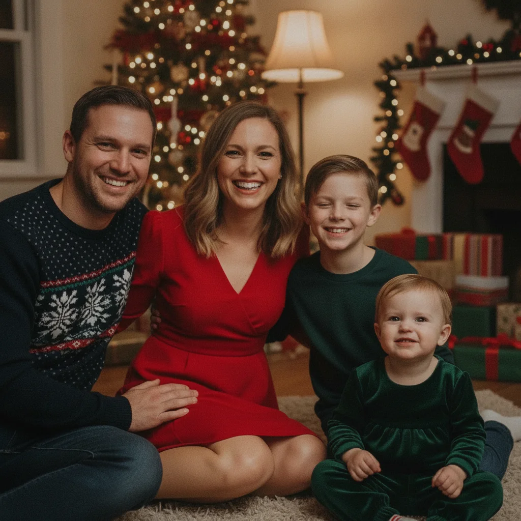 Same family portrait with the child's eyes naturally open and happy, everyone else unchanged