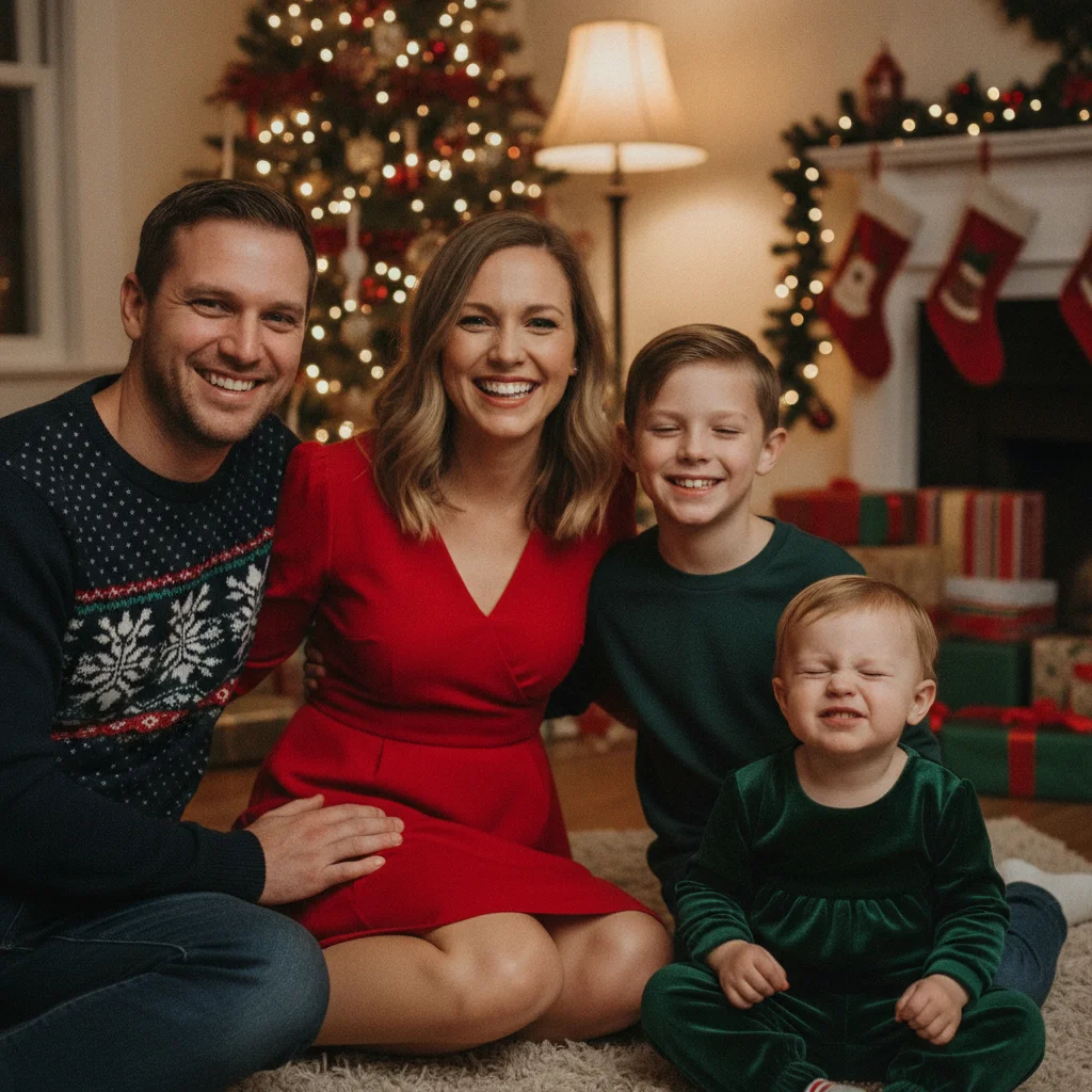 Family holiday portrait with the youngest child's eyes completely closed