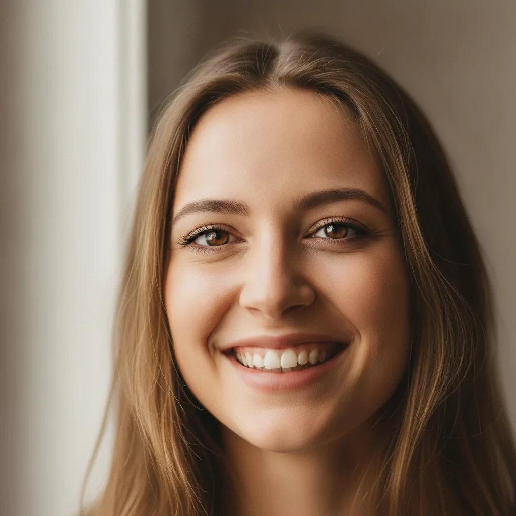 Same woman with eyes naturally open and warm, smile and expression perfectly preserved