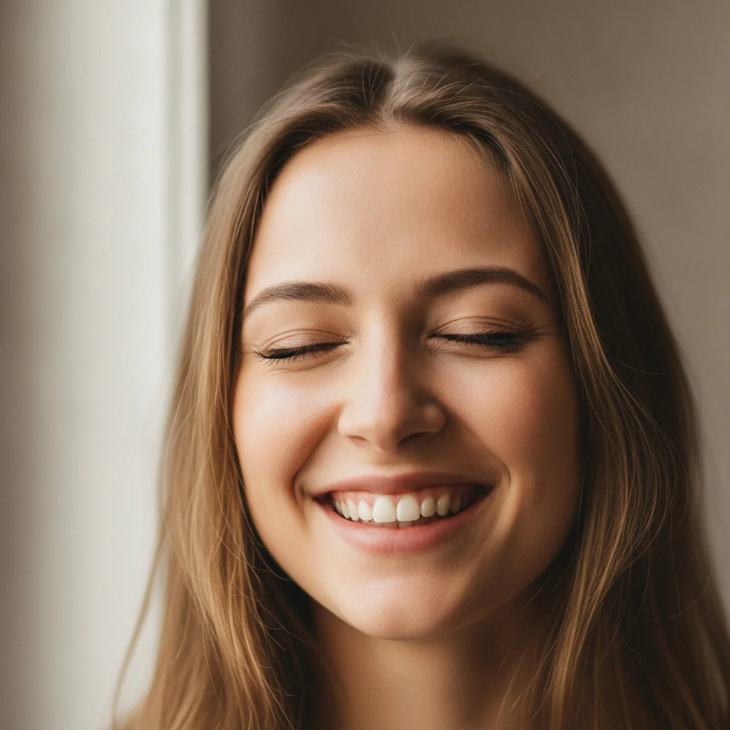 Close-up portrait of a smiling young woman with her eyes completely closed mid-blink, natural window light, neutral background