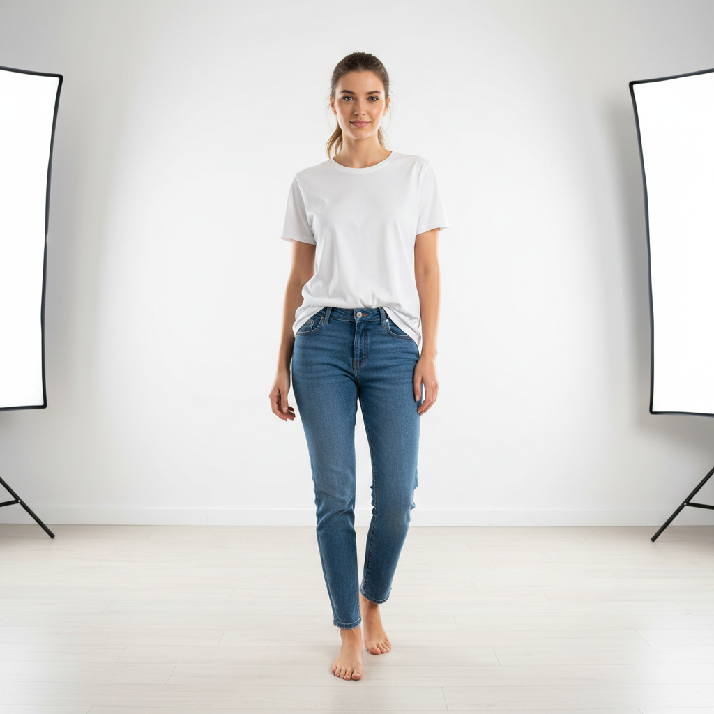 Woman in plain white t-shirt and jeans